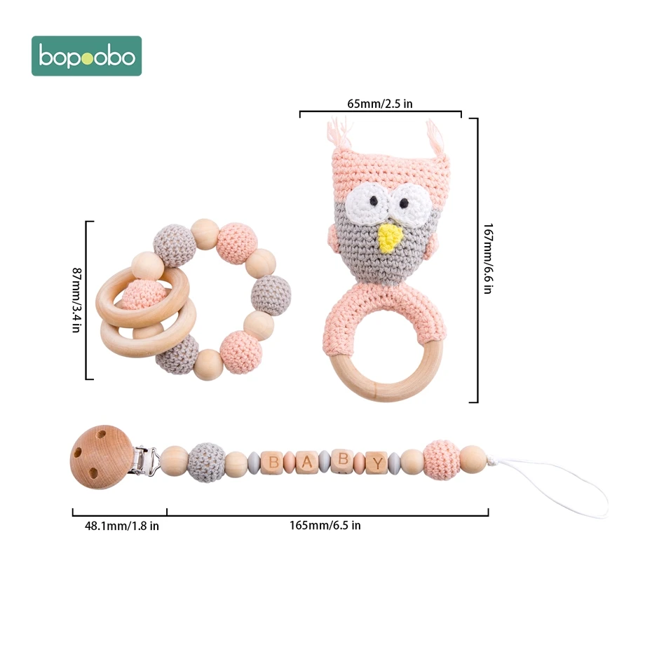 Owl Set 4 Bopobo/детский Прорезыватель для зубов; детская коляска с силиконовыми бусинами для активного отдыха; персональный фиксатор; цепочка для соски; погремушка; держатель для пустышки; деревянный Прорезыватель - Цвет: Owl Set 4