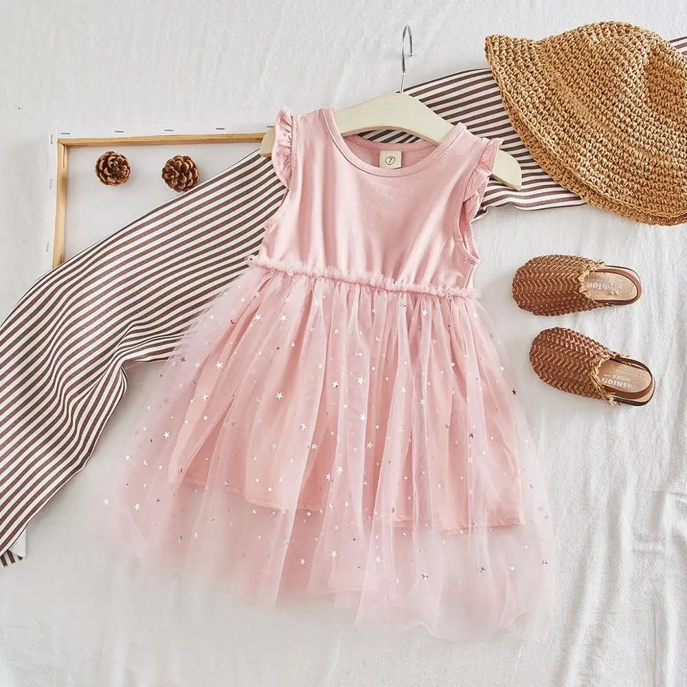 Summer Children's Short Sleeve Patchwork Star Mesh Ball Gown Dress Princess Party Tutu Girls Dresses Vestidos | Детская одежда и