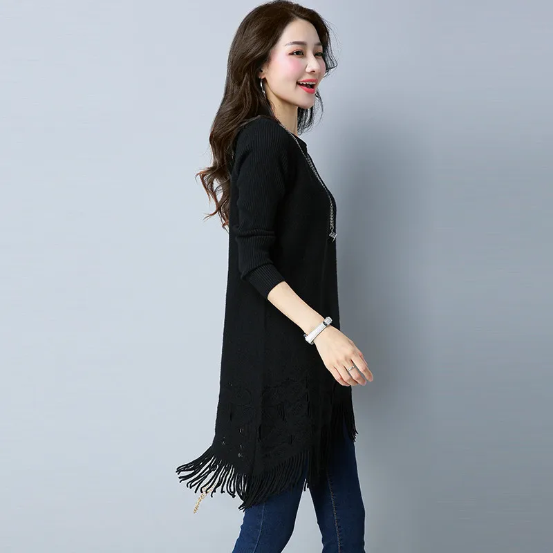 Women's Knit Sweater Autumn Winter Spring Long coat Korean Round Neck tassel Pullover Dress Wild A505 | Женская одежда