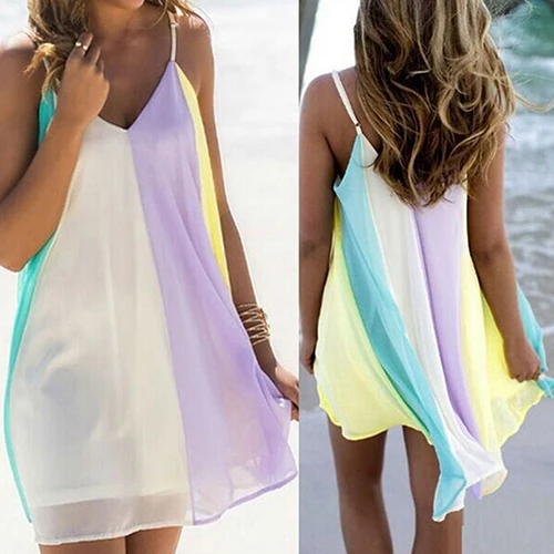 Летнее пляжное мини платье без рукавов с v образным вырезом и открытой спиной в