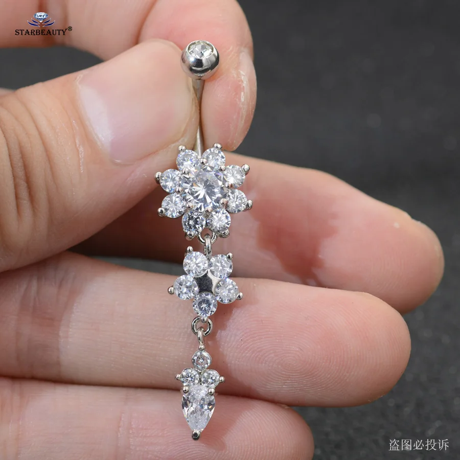 Starbeauty 1pc Crystal Ball Dangle Belly Bars Flower Piercing Rose Gold Earrings Button Rings Navel Nombril | Украшения и