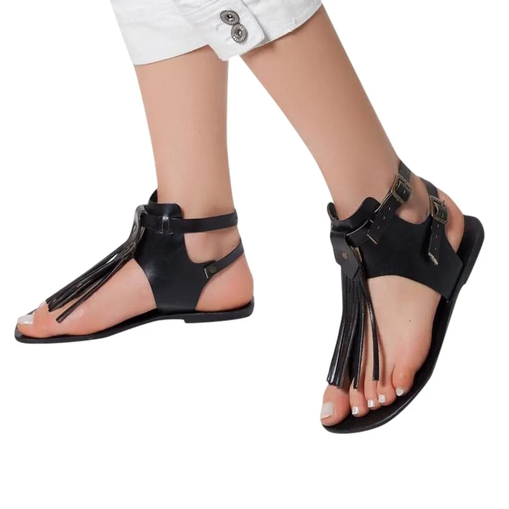 

Summer Women's Open Toe Flat Gladiator's Backband With Buckle Sandals Roman Style Tassel Solid Color Fashion Sandals Plus Size