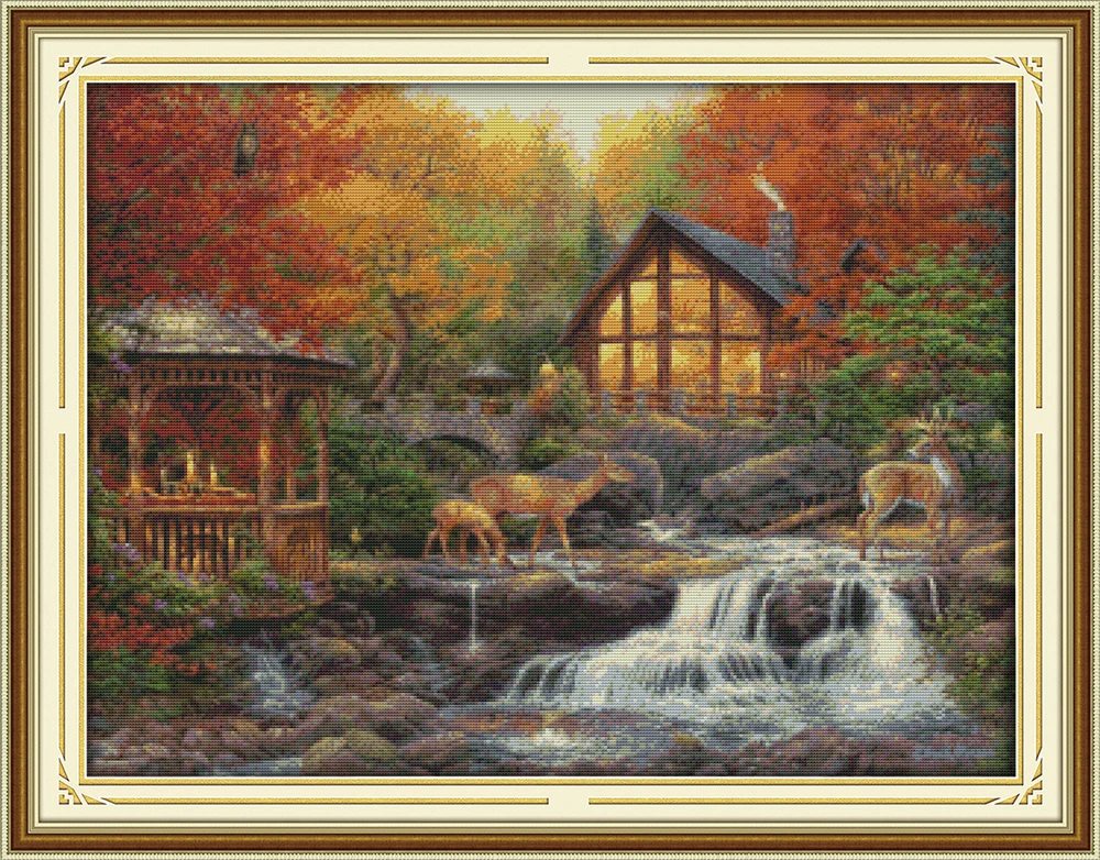 Deer drinking near the stream scenery painting counted print on canvas DMC 14CT 11CT Cross Stitch Needlework Set Embroidery kits | Дом и сад