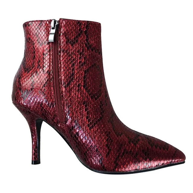 

Женские ботильоны со змеиным принтом, красные короткие ботинки на молнии, с острым носком, на тонком каблуке, Осень-зима