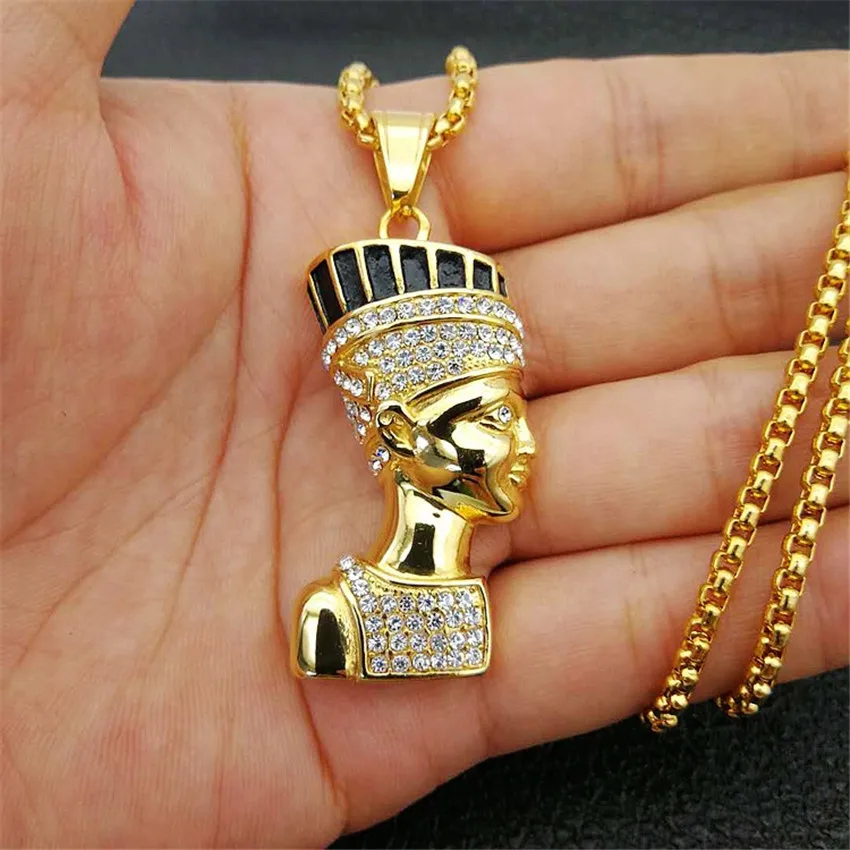 

Hip Hop Necklace Stainless Steel Gold Color Iced Out Chains Egyptian Pharaoh Pendant Necklace For Men/Women Gifts