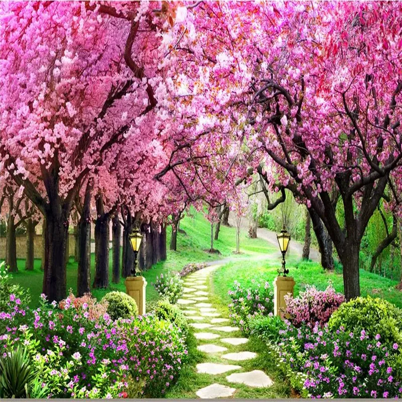 Sakura forest garden path landscape painting wall professional production mural wholesale wallpaper poster photo |