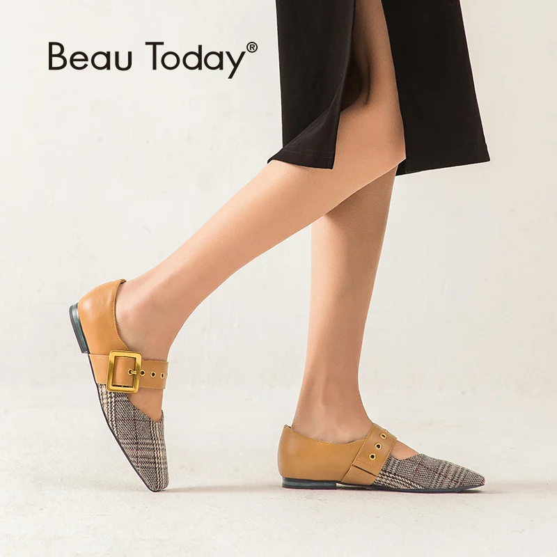 BeauToday Мэри Джейн Лоферы Для женщин, из телячьей кожи, коричневую полоску квадратный носок с украшением в виде пряжки; женские слипоны в Туфли без каблуков ручной работы 3005320