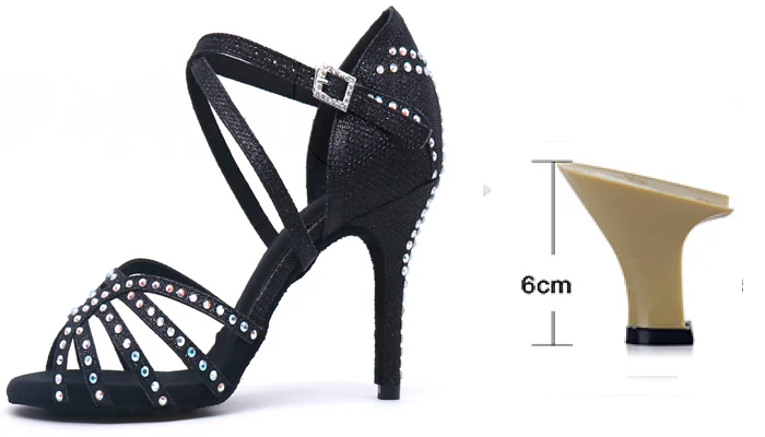 Black heel 6cm WUXIJIAO/Новинка; обувь для латинских танцев; женская Обувь для бальных танцев; Женская Блестящая Тканевая обувь; блестящие стразы; 5-10 см - Цвет: Black heel 6cm
