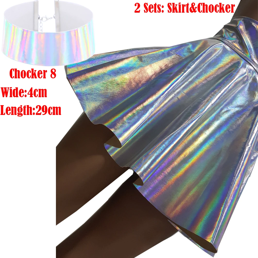367 skirt chocker 8 Серебряная голографическая Женская виниловая юбка одежда панк лазерная голограмма фольга ткань юбка Скейтер - Цвет: 367 skirt chocker 8