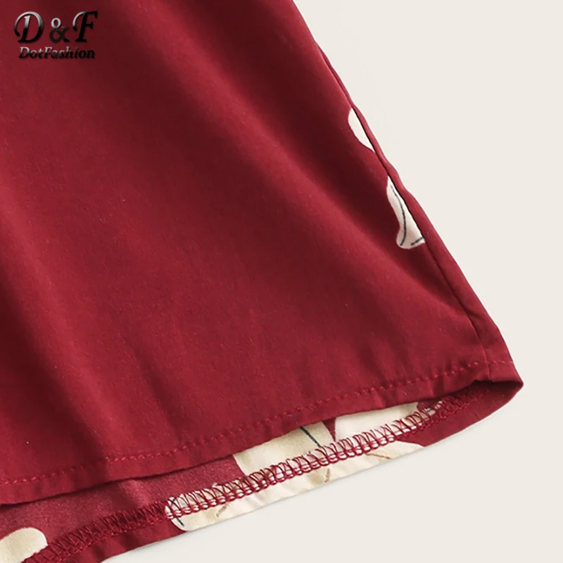 Dotfashion бордовый цветочный принт эластичный пояс Cami Romper для женщин Лето Boho Спагетти ремень свободный высокий приталенный легкий костюм с шортами