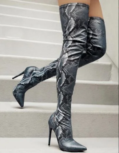 Spring New Brand Woman Python Snake Skin Pu Stiletto Heels Pointed Toe Slim Over The Knee Thigh Long Boots Burgundy Plus Size | Обувь