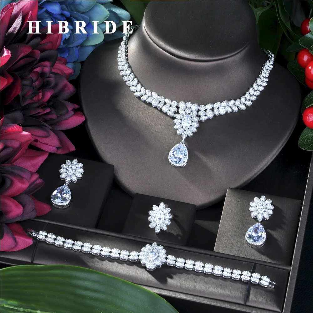 

HIBRIDE New Princess Wedding Jewelry Set With Claw Inlay Cubic Zircon High Quality Bridal Necklace Jewelry 4 pcs Set N-33