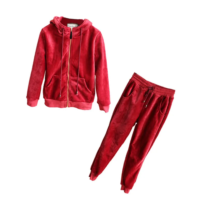 

add thick fox cashmere women's hooded zipper sweatshirts casual sprts suits coat pant 2pcs/set claret 2color EU/S-M-L