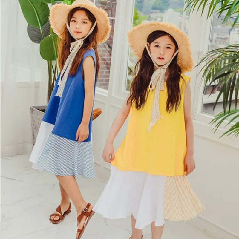 Summer 2019 Blue Yellow Patchwork Sundress Girls Sleeveless Beach Party Dresses Kids Clothes Children Straight Dress Clothing | Детская