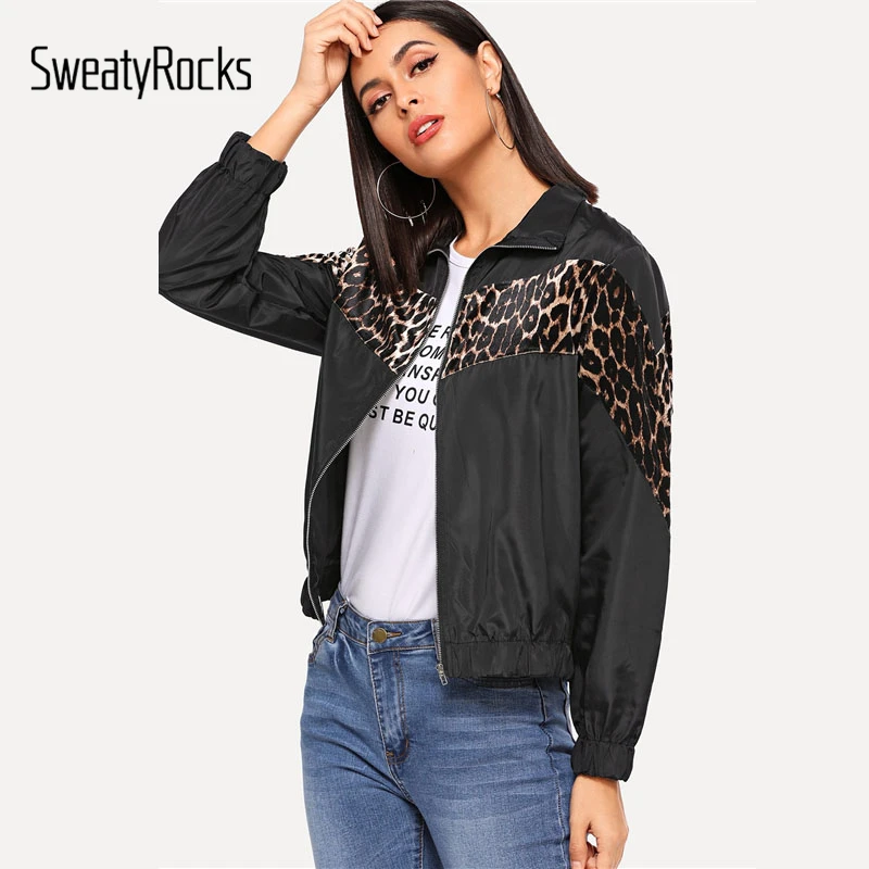SweatyRocks черная леопардовая куртка на молнии женская уличная одежда с длинным рукавом Топы Модные осенние повседневные пальто и куртки