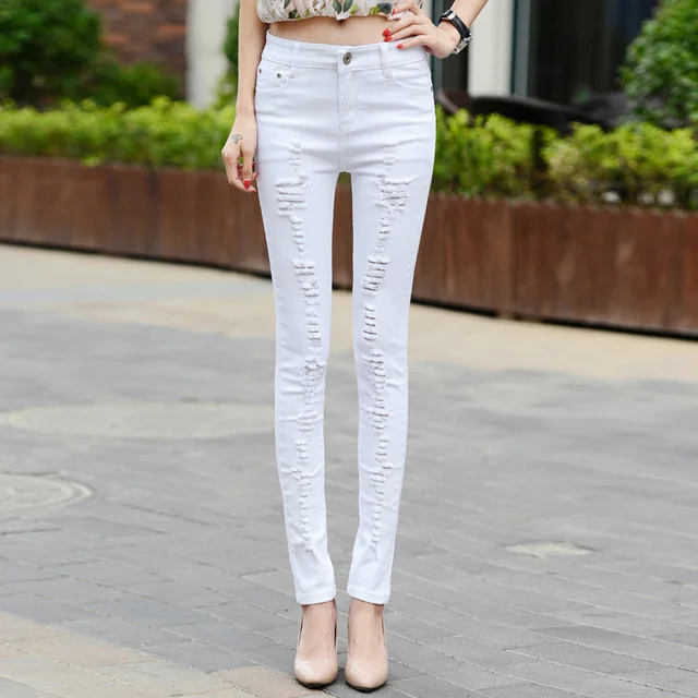 Женские состаренные пышные белые брюки-стрейч из денима со средней посадкойи высокой талией, рваные обтягивающие джинсы для женщин
