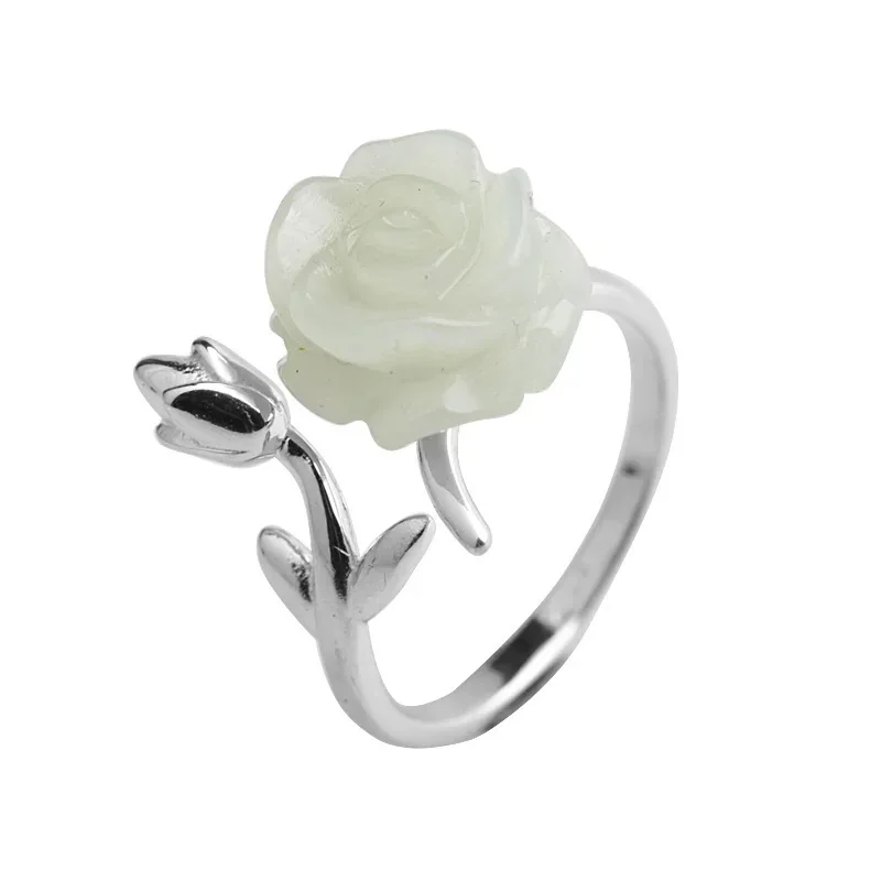 925 pure silver ring women natural and Tian Baiyu rose carving open jade fashion personality temperament jewelry | Украшения и