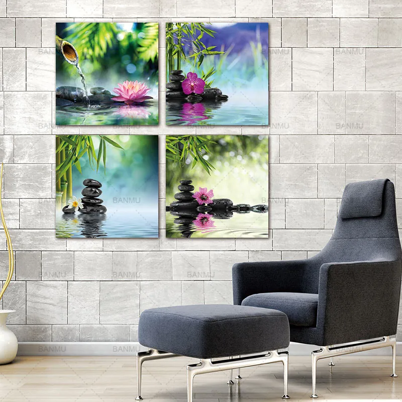 BANMU 4 шт./компл. Bamboo черный Spa Zen Камень фотографии печать на холсте стены книги по