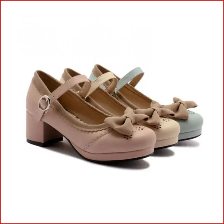 

Anime kawaii girl sweet lolita shoes lovely bowknot hollow stitching thick heel princess kawaii shoes cosplay loli women shoes