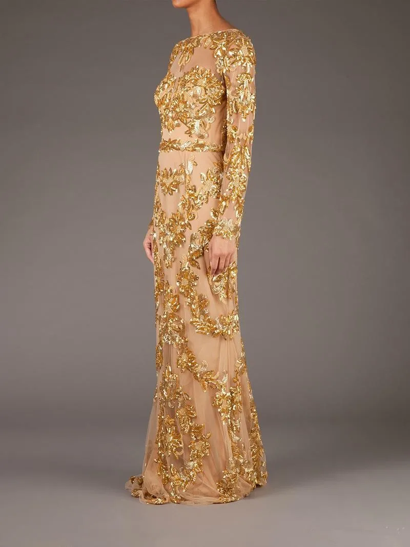 Vestido De festa Longo с длинным рукавом Выпускные платья Золотая Иллюзия аппликации