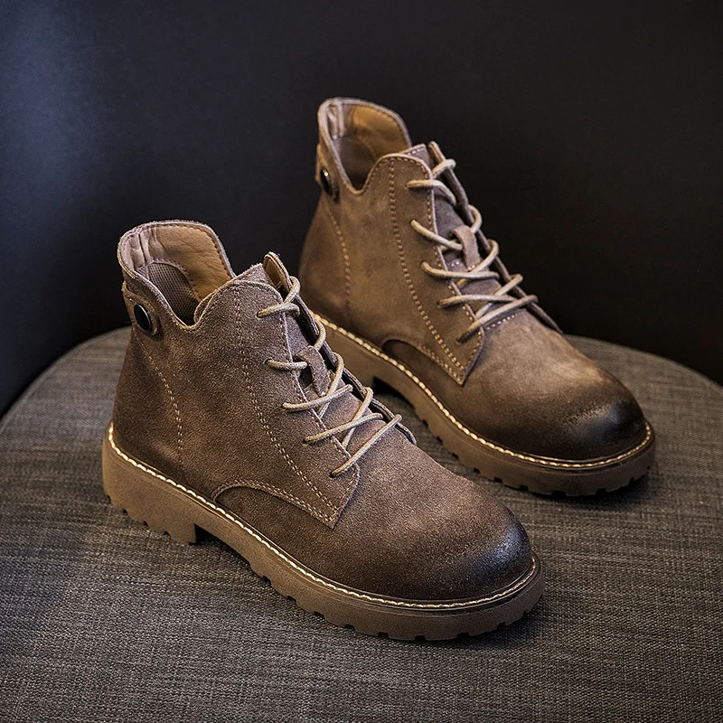 Suede genuine leather v open martin boots women autumn and winter shoes new chunky heels lace up short motorcycle booties mujer | Обувь