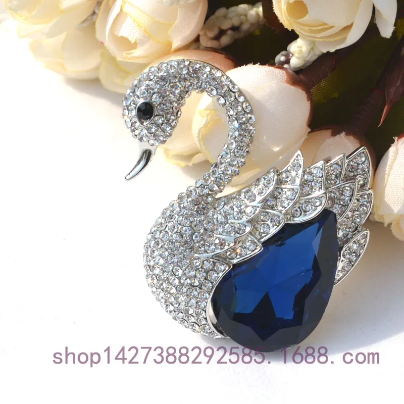 Женская брошь в форме лебедя синего цвета с родиевым покрытием|brooch rhinestone|fashion jewelry
