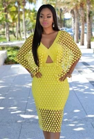 hot new women sexy lace hollow out dress yellow half sleeve mid calf gridding dresses vestidos de festa ropa mujer