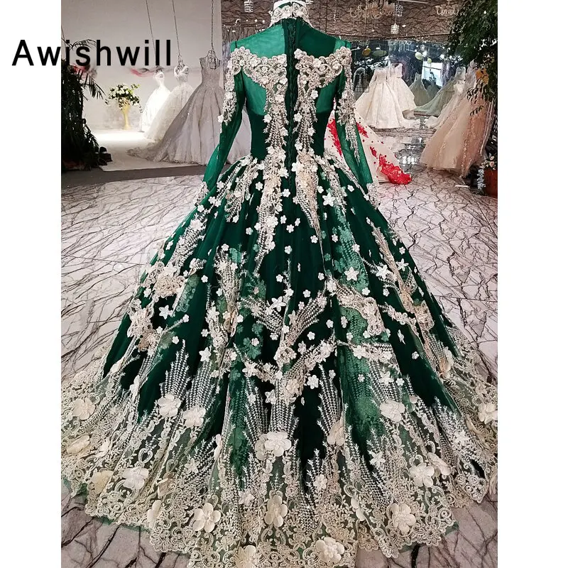 Real Photo Vestidos de Fiesta Flowers Appliques High Neck Arabic Evening Dress Long Sleeve Party Gown Dubai Prom Dress Elegant