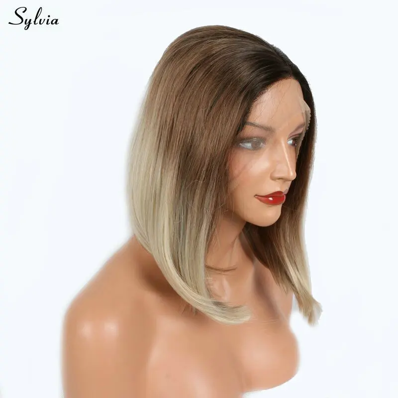 Sylvia Synthetic Lace Front Wig Short Straight Brick Brown Ombre Blonde Heat Resistant Hair Party For Ladies Bob Wigs | Шиньоны и