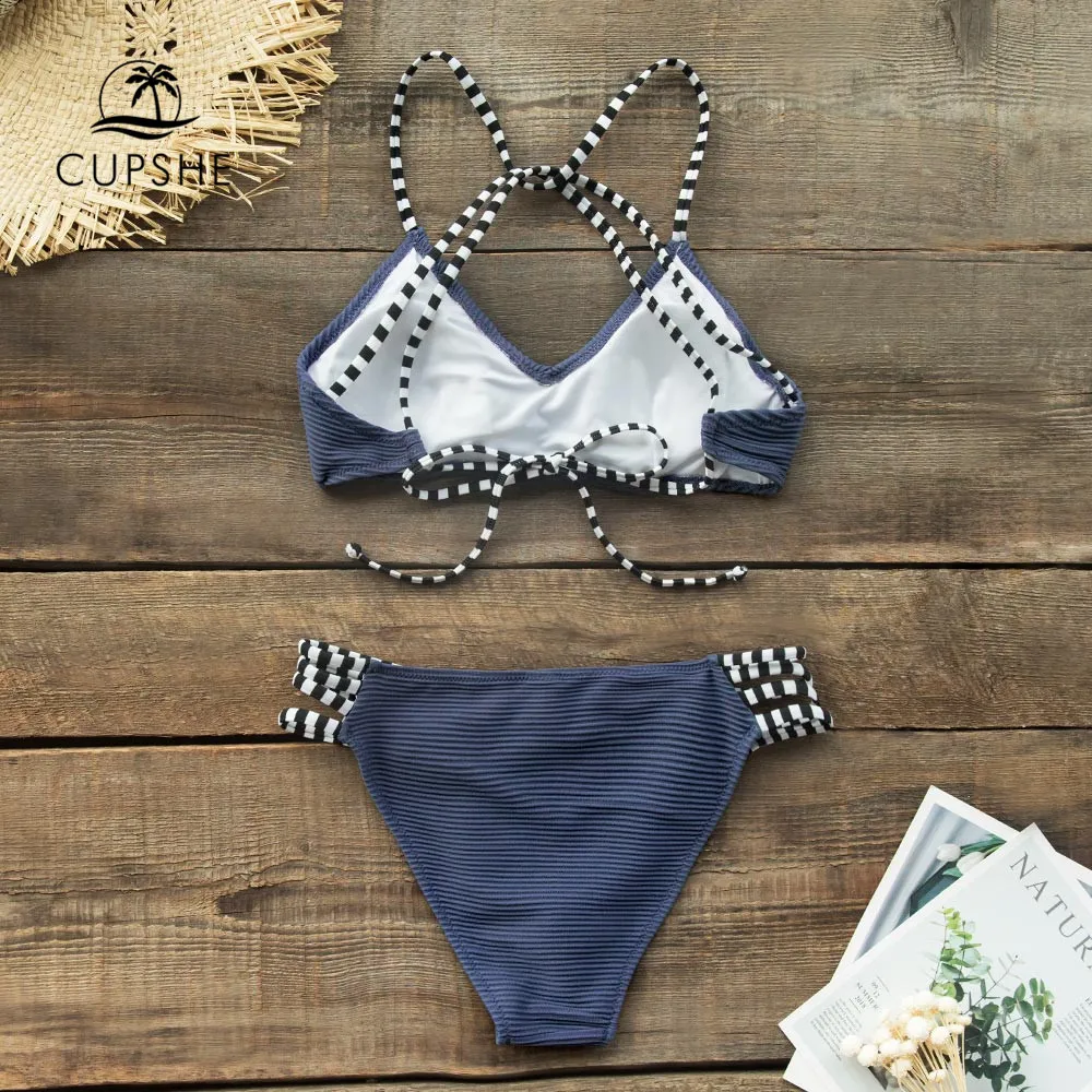 CUPSHE/темно синий комплект бикини в рубчик и с ремешками сексуальный купальник со