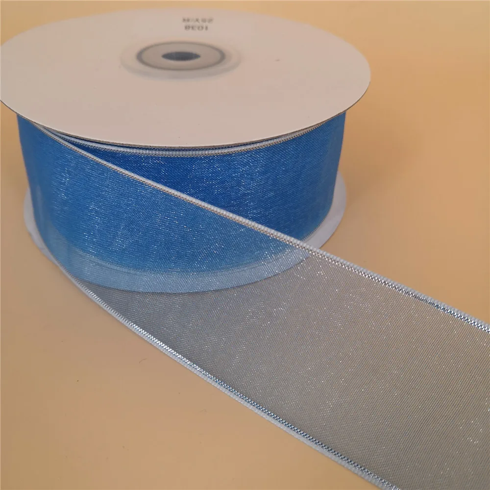 

38mm X 25yards Wired Silver Lurex Edges Blue Organza Sheer Ribbon. Gift Bow,Wedding,Cake Wrap,Tree Decoration,Wreath N1038