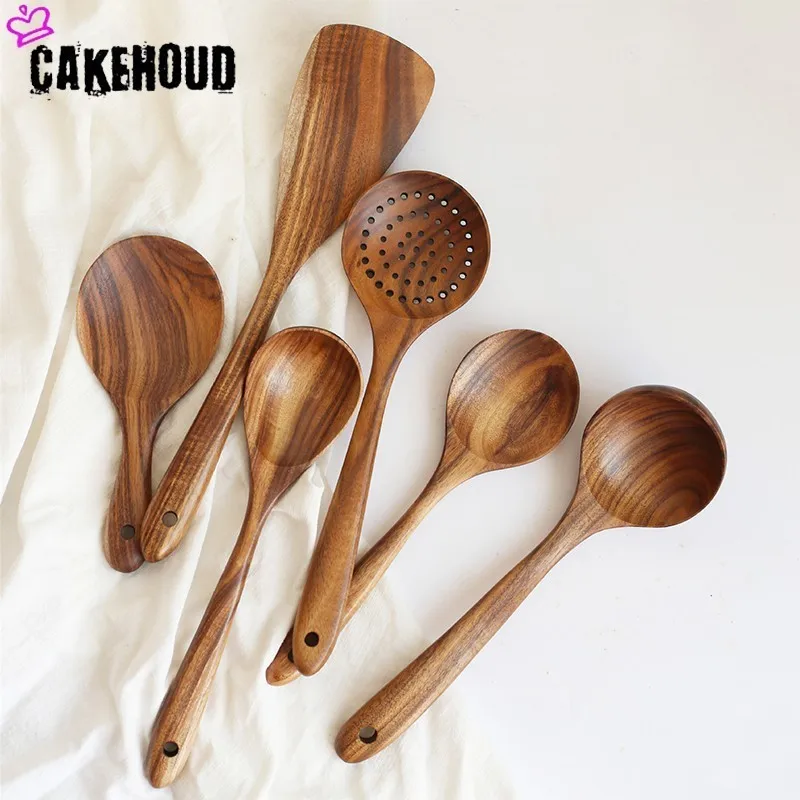 CAKEHOUD из тика, посуда из натурального дерева, ложка, половник, длинная рисовая шумовка для супа, кухонные ложки, совок ручной работы, набор кухонных инструментов