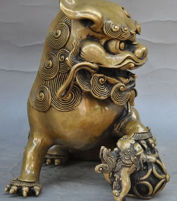 SCY 11 Китайский Бронзовый феншуй foo собака зверь мать сын Лев играть мяч арт