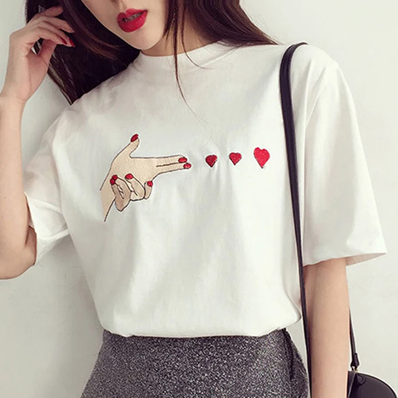 Модные женские футболки с сердцем модные летние топы коротким рукавом и круглым