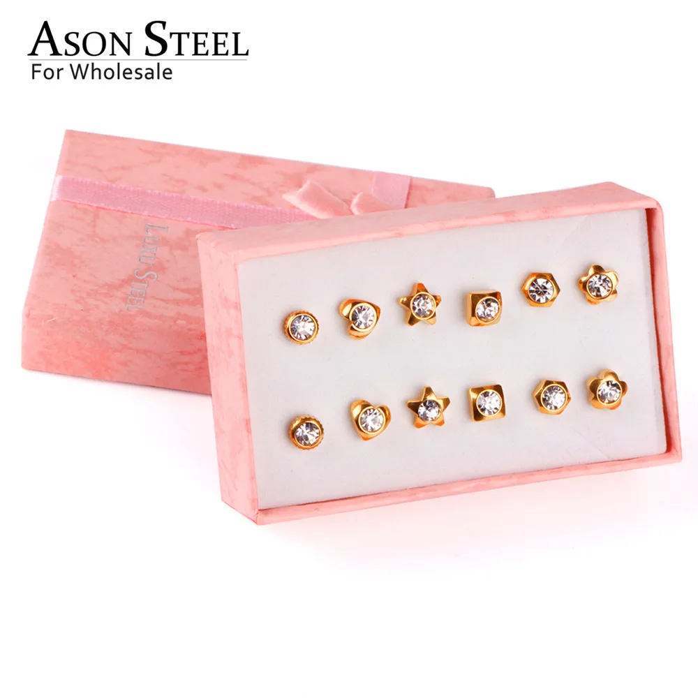GOLD ASONSTEEL, минималистичные серьги, Круглые, кубический цирконий, с золотом, антиаллергенные, 6 пар/кор., пуш-ап, серьги-гвоздики, для офисных женщин - Окраска металла: GOLD