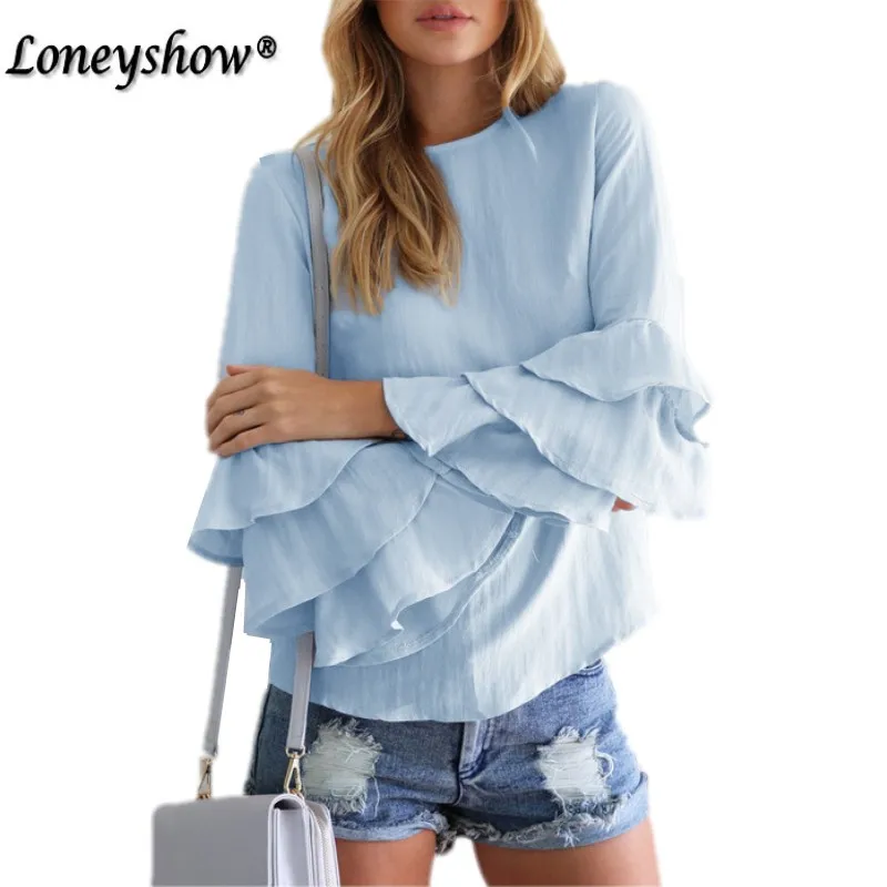 2017 Мода Оборками Блузки Женщины Весна Осень Новый Повседневная Синий Офис Леди