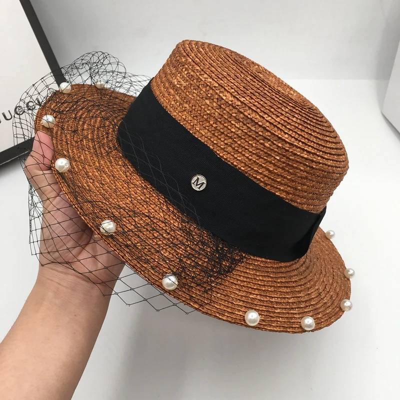 Spring summer new net yarn pearl beach sunscreen during large flat straw brim hat letters bonnet sun | Аксессуары для одежды