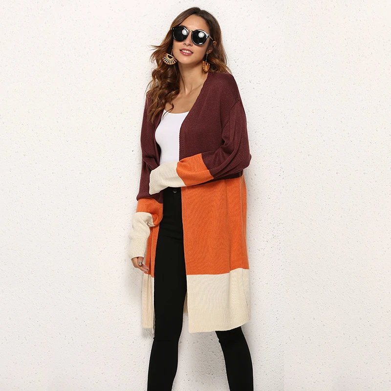 Fitshinling Лоскутные женские кардиганы invierno mujer трикотаж модный тонкий длинный кардиган Женская одежда свитер куртки