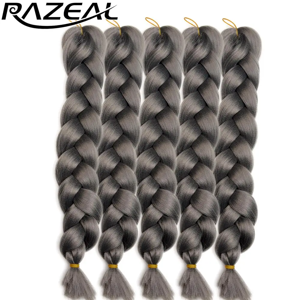 # Серый Razeal, 24 дюйма, чистый цвет, 100 г, синтетические огромные косы, Африканский стиль, длинные волосы, канекалон, вязанные крючком, плетёные волосы - Цвет: # Серый