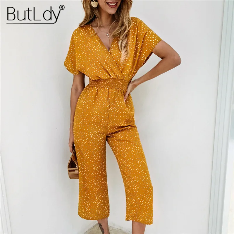 Женский комбинезон в горошек винтажный с V-образным вырезом и широкими штанинами