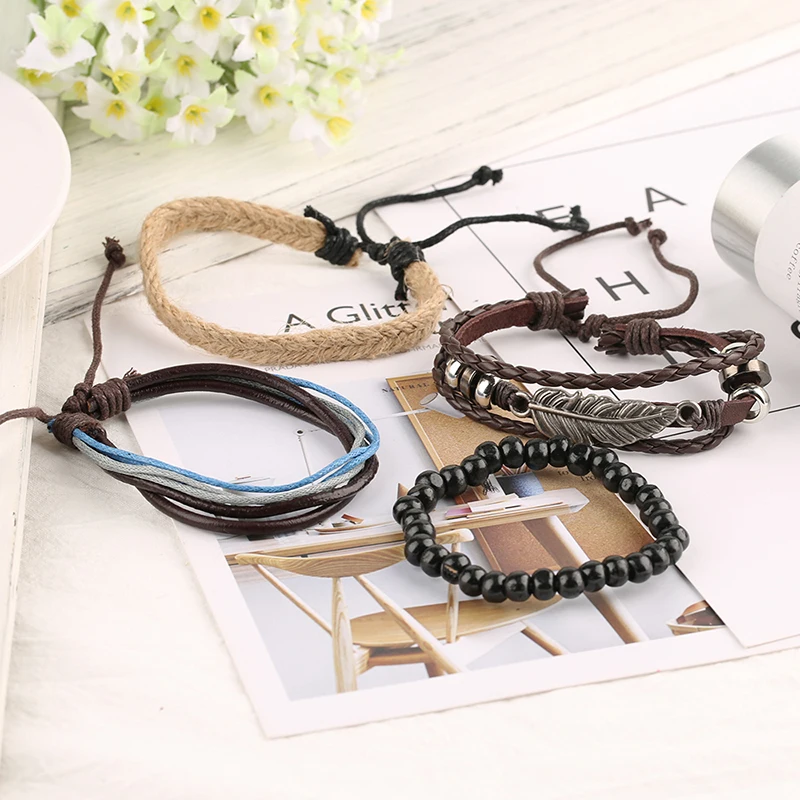 Богемия Стиль 1 компл. 4 шт. кожаные женские браслеты глаз/перо многослойная