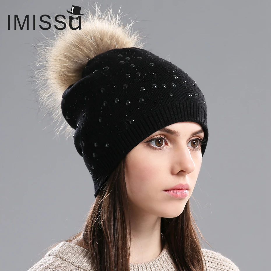 IMISSU Осень Зима Шапочки Шапка женская Вязаная Шерсть Skullies Повседневная Cap с Real Мех