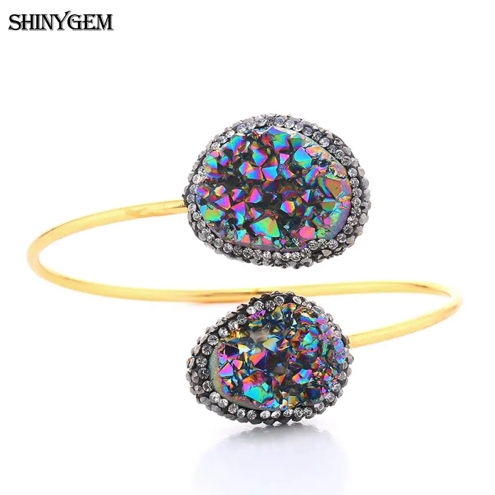 ShinyGem винтажный Регулируемый большой браслет с камнями Друза браслеты гладкое золотое покрытие с большим природным камнем открытые манжеты браслеты для женщин