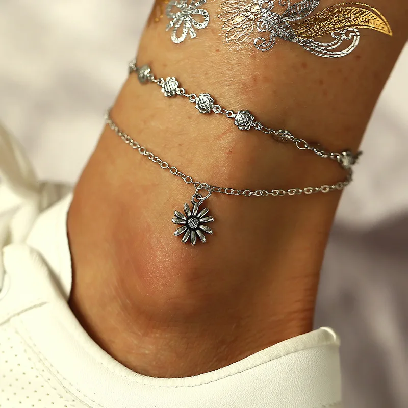 

New Leg Chain Retro Sunflower Pendant Anklets for Women Silver Color Double Layered Anklet Bracelet Bohemian Jewelry