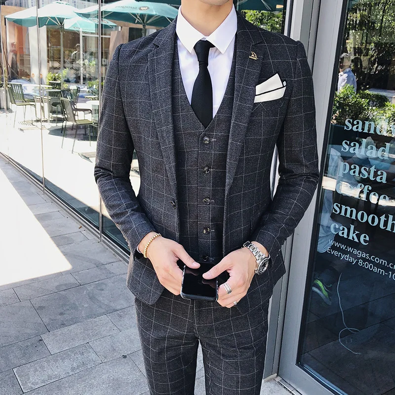 

Costume Homme Slim British Style Plaid Business Casual Dress 3 Pieces Suit ( Jackets + Vest + Pants )