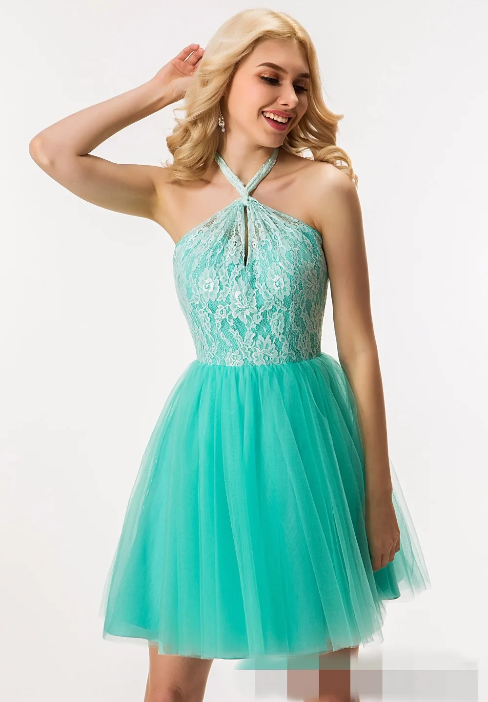 2019 настоящая Страна короткие платья подружки невесты Холтер мятный кружевной