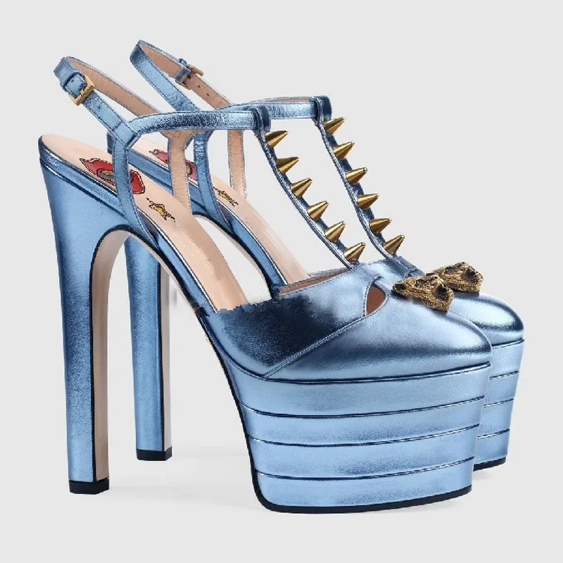 blue Подиумные босоножки из натуральной кожи с ремешком на лодыжке на высоком каблуке летние женские босоножки на платформе женская обувь на тонком каблуке с закрытым носком 34-43 - Цвет: blue