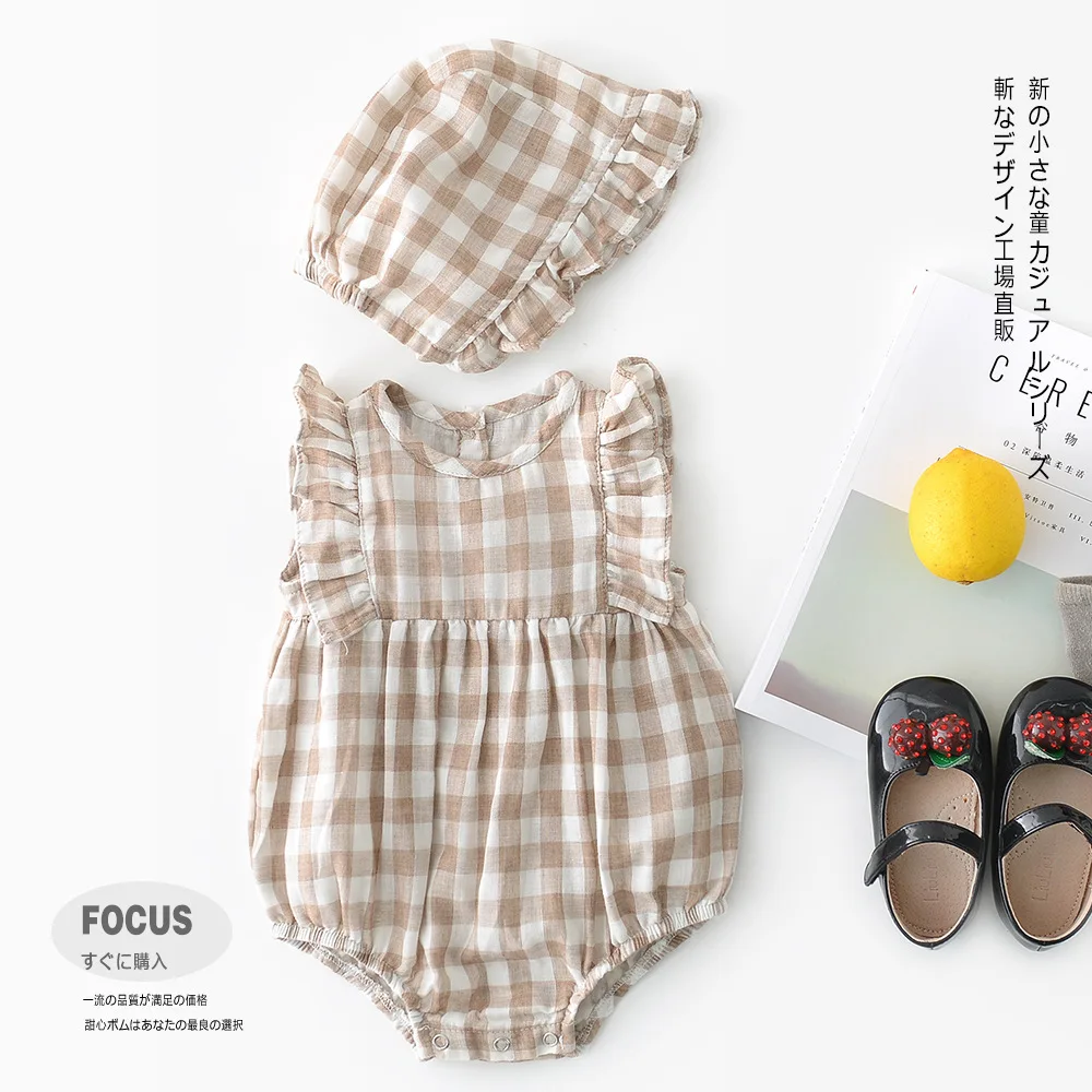 2019 Summer Toddler Baby Girl Ruffles Plaid Sweet Pirncess Rompers Free Hat | Детская одежда и обувь