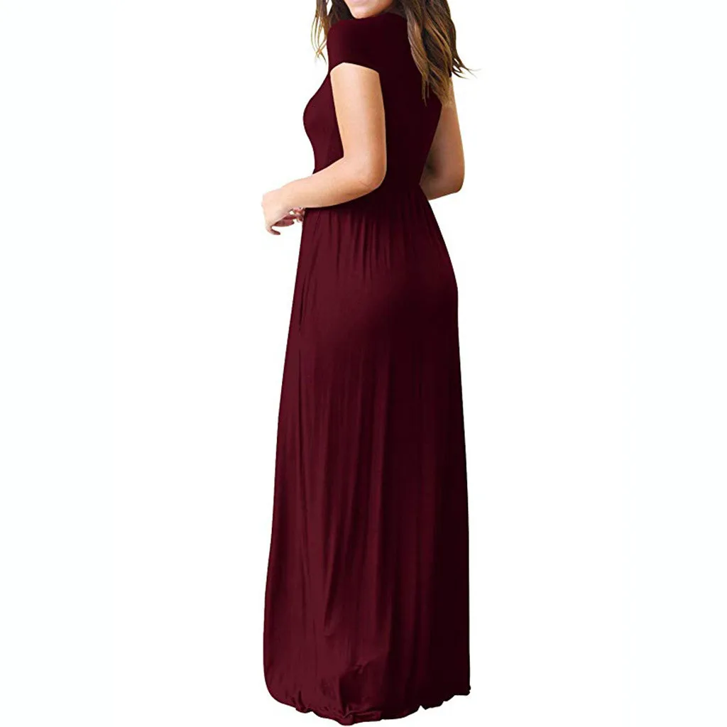 Summer Maxi Long Dress Women Femme Boho Dresses Plus Size Casual Pockets Short Sleeve V-neck Solid Vestidos S-2XL | Женская одежда