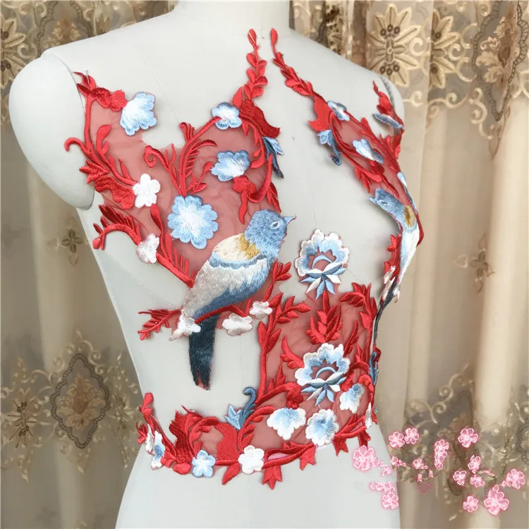 Набор из 3 вышитых аппликаций в виде красных птиц и цветов аппликация для шитья